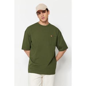 Trendyol Khaki Oversize/Wide-Fit Pocket Paperclip Embroidered Short Sleeve 100% Cotton T-Shirt obraz