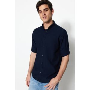 Trendyol Navy Blue Buttoned Collar Epaulette Slim Fit Long Sleeve 100% Cotton Shirt obraz