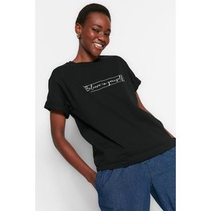 Trendyol Black 100% Cotton Printed Crew Neck Boyfriend Knitted T-Shirt obraz