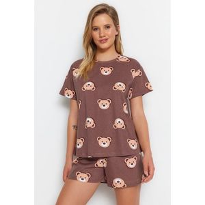 Trendyol hnědá 100% bavlněná pyžamová sada s motivem medvídka - tričko a šortky obraz