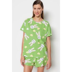 Trendyol Zelené 100% bavlněné pyžamo s králičím vzorem ve tvaru srdce - tričko a šortky obraz