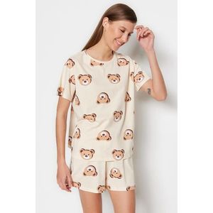 Trendyol Ecru 100% Cotton Teddy Bear Patterned T-shirt-Shorts Knitted Pajama Set obraz