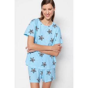 Trendyol Blue 100% Cotton Star Pattern T-shirt-Shorts Knitted Pajamas Set obraz