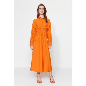 Trendyol Orange Shromážděné detaily Half Pat Lněné Smíšené Tkané Šaty obraz