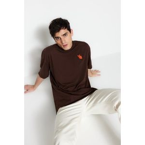 Trendyol Brown Oversize/Wide Cut Animal Embroidered Short Sleeve 100% Cotton T-Shirt obraz