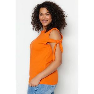 Trendyol Curve oranžové pletené tričko s detailem vázacího límce obraz