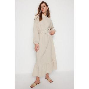 Trendyol Beige Fabric Covered See-through Woven Dress with Belt obraz