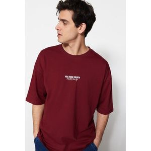 Trendyol Burgundy Oversize/Wide-Fit 100% Cotton Minimal Text Printed T-Shirt obraz