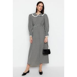 Trendyol Black Gingham Patterned Woven Fabric Baby Collar Waist Gipeet Detailed Woven Dress obraz