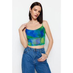 Trendyol Green Patterned Fitted/Simple Crop with Straps and Tulle Stretch Knitted Blouse obraz