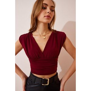 Happiness İstanbul Women's Burgundy Deep V-Neck Crop Sandy Knitted Blouse obraz