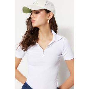 Trendyol White, Zipper Detail Fitted/Simple Polo Collar Ribbed Stretch Knitted Blouse obraz