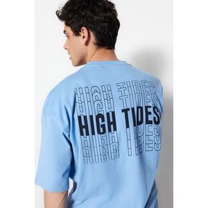 Trendyol modré oversize/wide-fit text tištěný krátký rukáv tričko ze 100% bavlny obraz