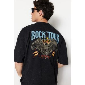 Trendyol Black Oversize/Wide Cut Aged/Faded Effect Rock Print 100% Cotton T-Shirt obraz