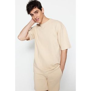 Trendyol Limited Edition Beige Oversize 100% Cotton Labeled Textured Basic Thick T-Shirt obraz