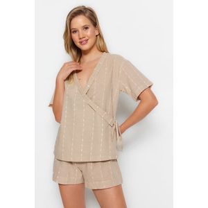 Trendyol Beige 100% Cotton Striped Viscose Wide Fit Woven Pajamas Set obraz