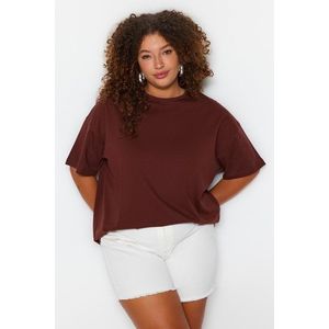 Trendyol Curve Brown Crew Neck Back Printed Knitted T-shirt obraz