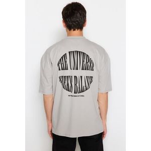 Trendyol Gray Oversize Raised Text Printed 100% Cotton T-Shirt obraz