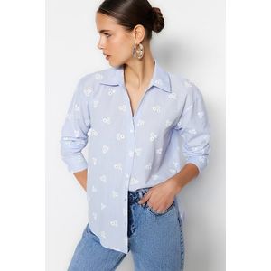 Trendyol Blue Striped Floral Patterned Cotton Oversize Wide Fit Woven Shirt obraz