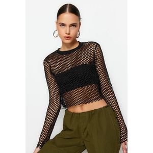 Trendyol Black Lurex Mesh, Relaxed Cut, Crew Neck Crop Knitted Blouse obraz