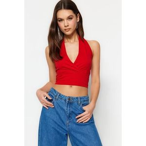 Trendyol Red Fitted/Small Crop Double-breasted Cotton Stretch Knit Blouse obraz
