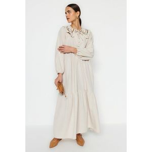 Trendyol Cream Collar With Embroidered Half Patties, Linen-Look Woven Dress obraz