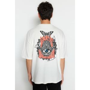 Pánské oversize/široké tričko Mystic se 100% bavlněným potiskem Trendyol Ecru obraz
