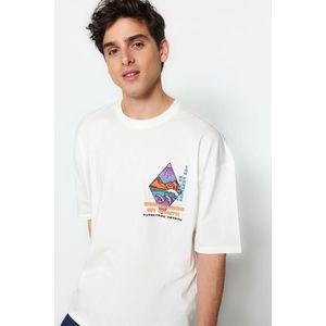Trendyol Ecru Oversize Fit Ribbed Printed 100% Cotton T-Shirt obraz