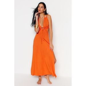 Trendyol oranžové maxi pletené plážové šaty s hlubokým výstřihem na zádech obraz