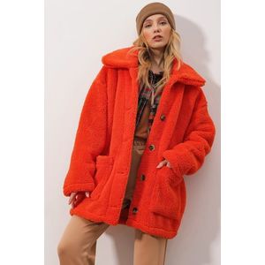 Trend Alaçatı Stili Dámský oranžový kabát s polokošilovým límcem a dvojitými kapsami obraz