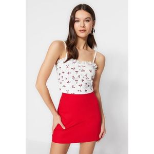 Trendyol White Floral Printed Strap Fitted/Simple Waffle Fabric Super Crop Knitted Blouse obraz