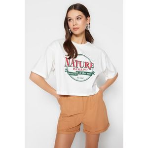 Trendyol White 100% Cotton Printed Relaxed/Wide, Comfortable Cut Crop Crew Neck Knitted T-Shirt obraz