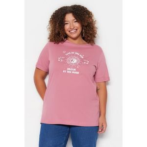 Růžové pletené tričko s kulatým výstřihem Trendyol Curve obraz