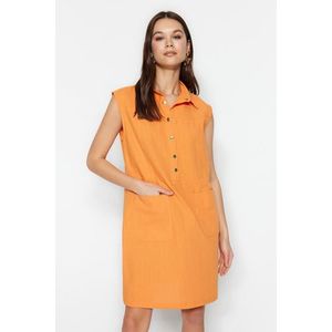 Trendyol Orange Straight Cut Pocket Shirt Collar Linen Look Mini Woven Dress obraz