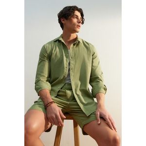 Trendyol Khaki Unisex Regular Fit 100% Bavlněná Košile S Lněným Vzhledem obraz