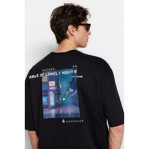 Trendyol Black Oversize/Wide Fit Crew Neck Short Sleeve Game Over Printed T-Shirt obraz
