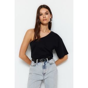 Trendyol Black Asymmetrical Collar 100% Cotton Single Sleeve Basic Knitted T-Shirt obraz