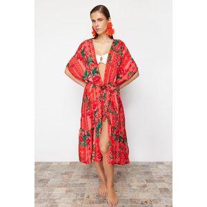 Trendyol Maxi tkaný kimono a kaftan s květinovým vzorem a páskem obraz