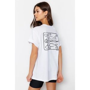 Trendyol White Printed Boyfriend/Wide Fit Knitted T-Shirt obraz