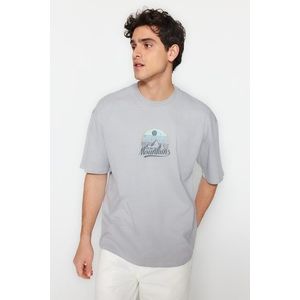 Trendyol Gray Relaxed/Casual-Fit Scenery-Text Printed 100% Cotton Short Sleeve T-Shirt obraz