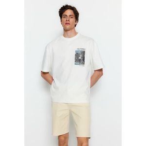 Trendyol Ecru Relaxed Basketball Printed 100% Cotton T-Shirt obraz