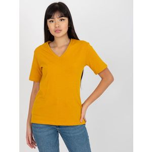 Tmavě žluté dámské basic tričko s výstřihem do V obraz