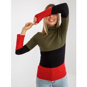 Khaki-červená dámská basic halenka s žebrovaným rolákem obraz