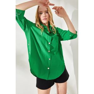 Olalook Women's Grass Green Oversized Woven Shirt with Buttons at the Sides obraz