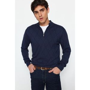 Trendyol námořnicky modrý slim fit svetr s polovičním rolákem, zipem a bavlněným chytrým úpletem obraz