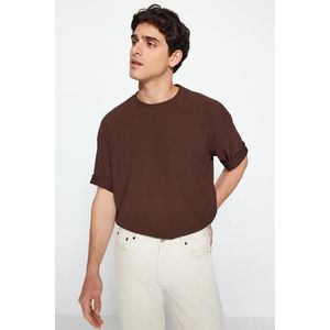 Trendyol Brown Premium Oversize Crew Neck Short Sleeve Textured Ottoman T-Shirt obraz