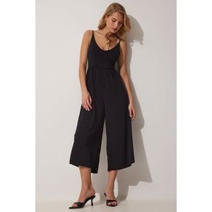 Happiness İstanbul Women's Black Knitted Jumpsuit with Rope Straps V-Neck obraz