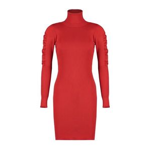 Trendyol Červené Mini Pletené Šaty s Rolákem a Detaily na Rukávech obraz