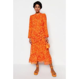 Trendyol oranžová květinová sukně volánková lemovaná tkaná šifonová šaty obraz