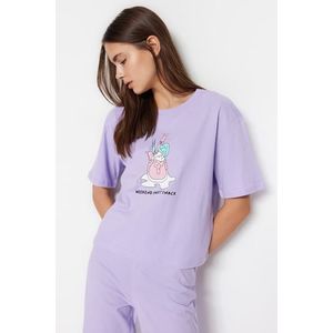 Trendyol Lilac 100% Cotton Fun Printed T-shirt-Pants Knitted Pajamas Set obraz